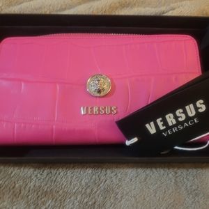 Versace Versus Wallet Fuschia with Nickel Hardware and Lion Head Rivet